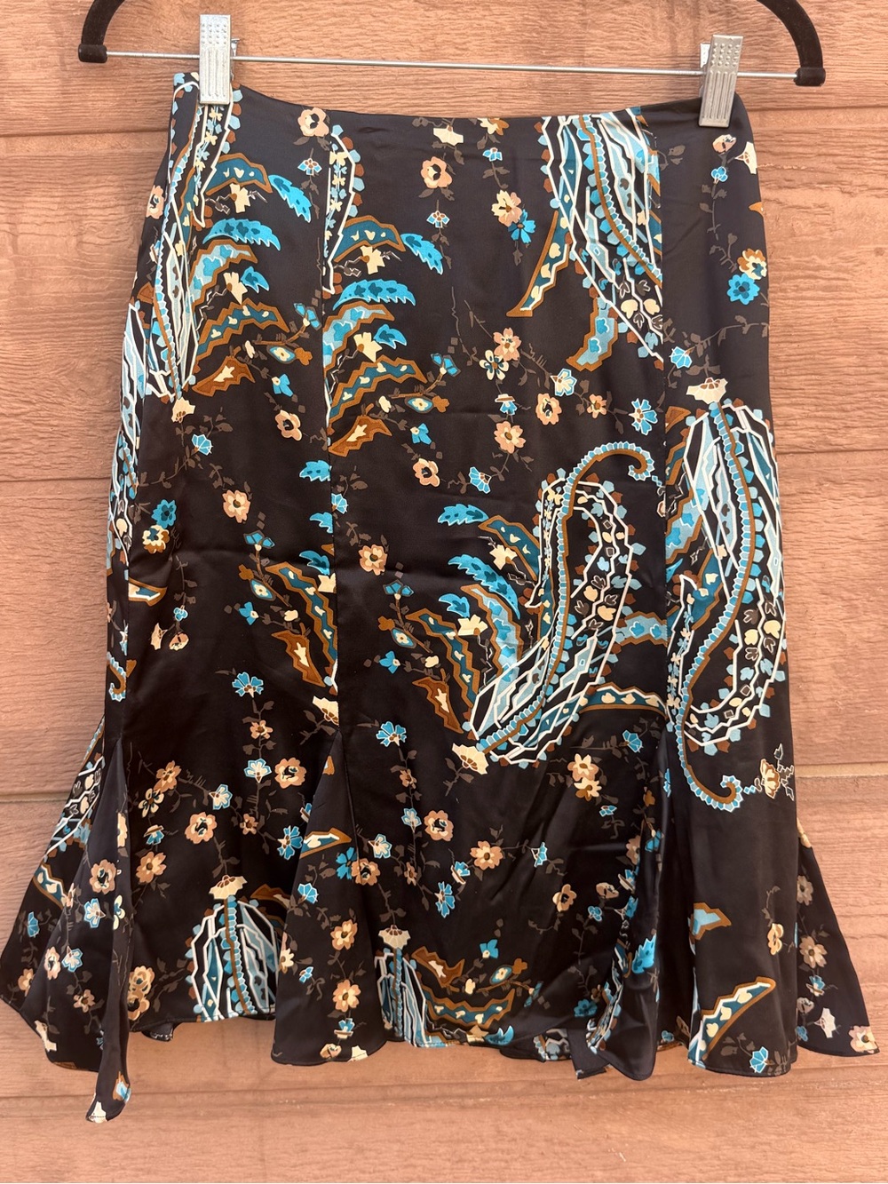 Silk Ruffle Hem midi Skirt - Black with Teal & brown Print